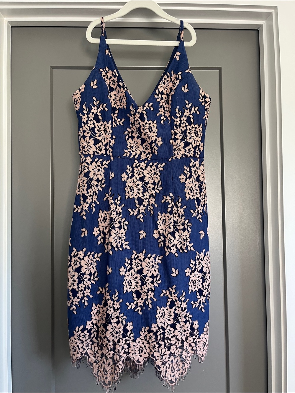 Blue Floral Lace Slip Dress with Pink Floral Appliqué